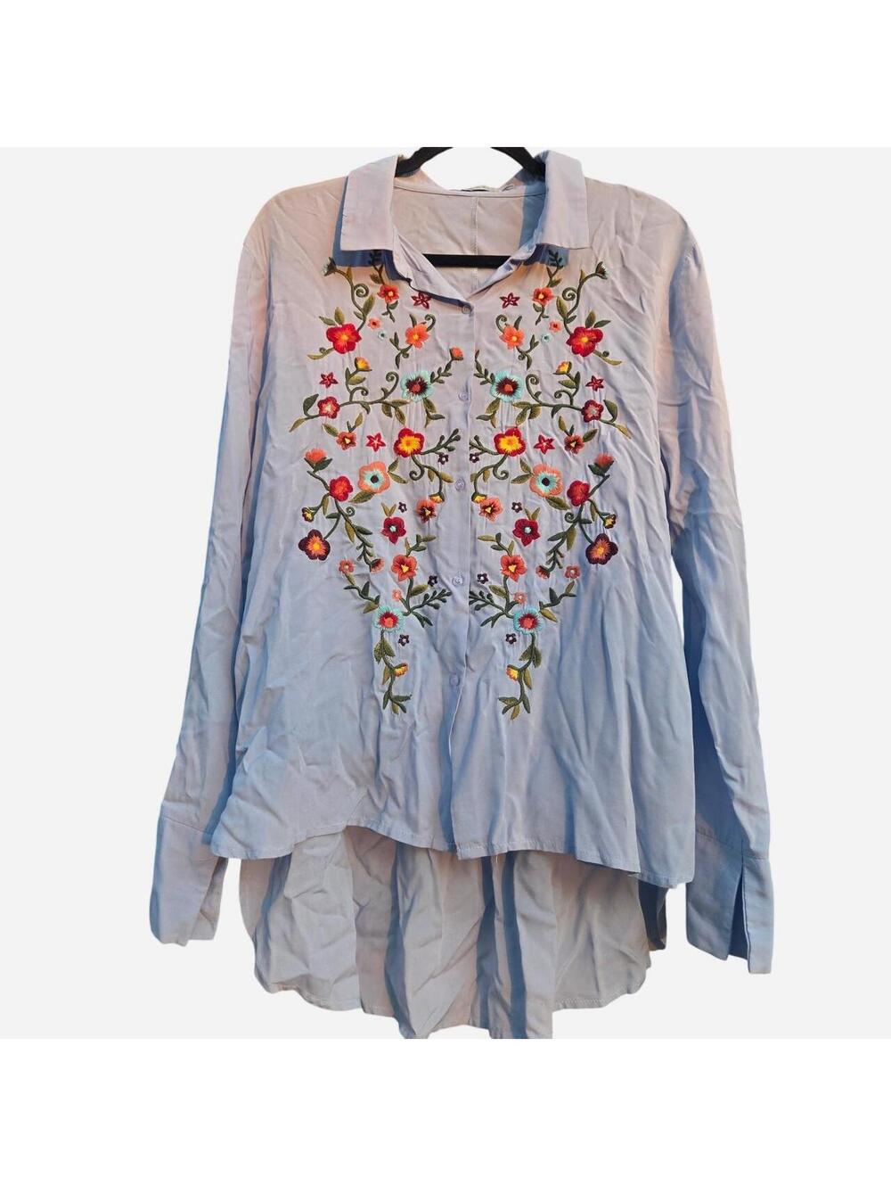 Blue Floral Embroidered long sleeve Button-Up size large